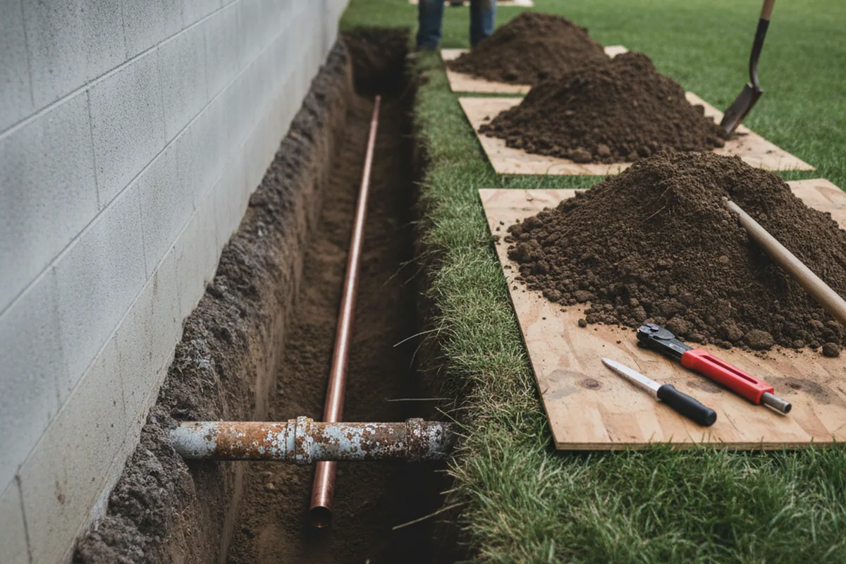 Excavated water line trench during Sewer Line Repair in Montchanin